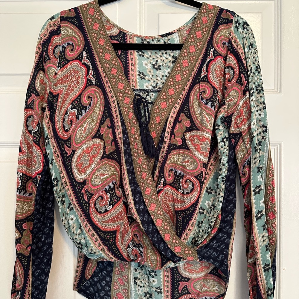 Hollister Paisley Wrap Blouse in Coral, Teal & Navy